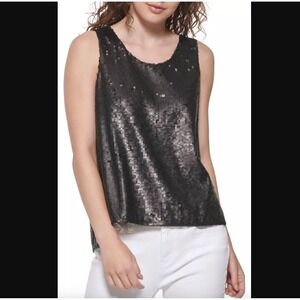 DKNY Sz S Black Sequined Tank Top Going Out NYE New Years Eve Party Clubbing